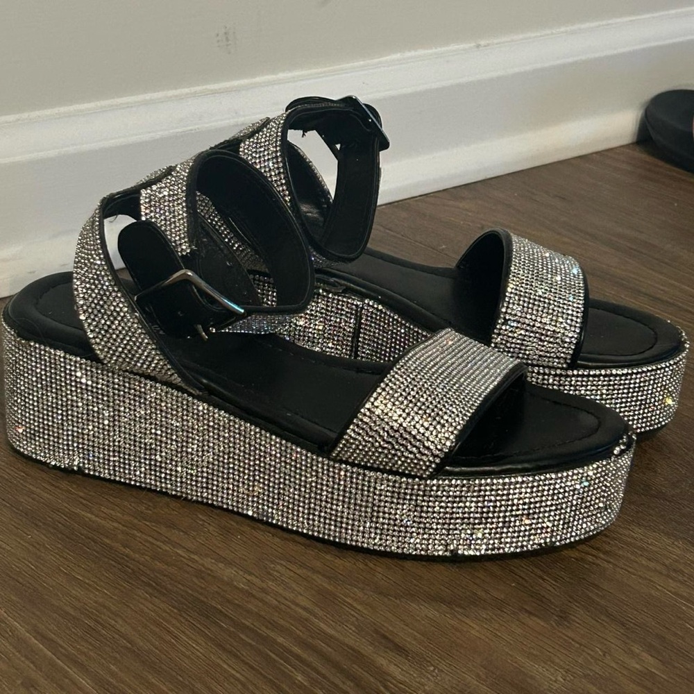 Silver and Black Platform Rhinestones Sandals - Size 6.5